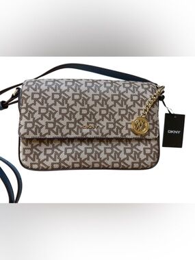 NWT DKNY Beige/Brown Monogram Crossbody with Gold Hardware & Gold Charm
